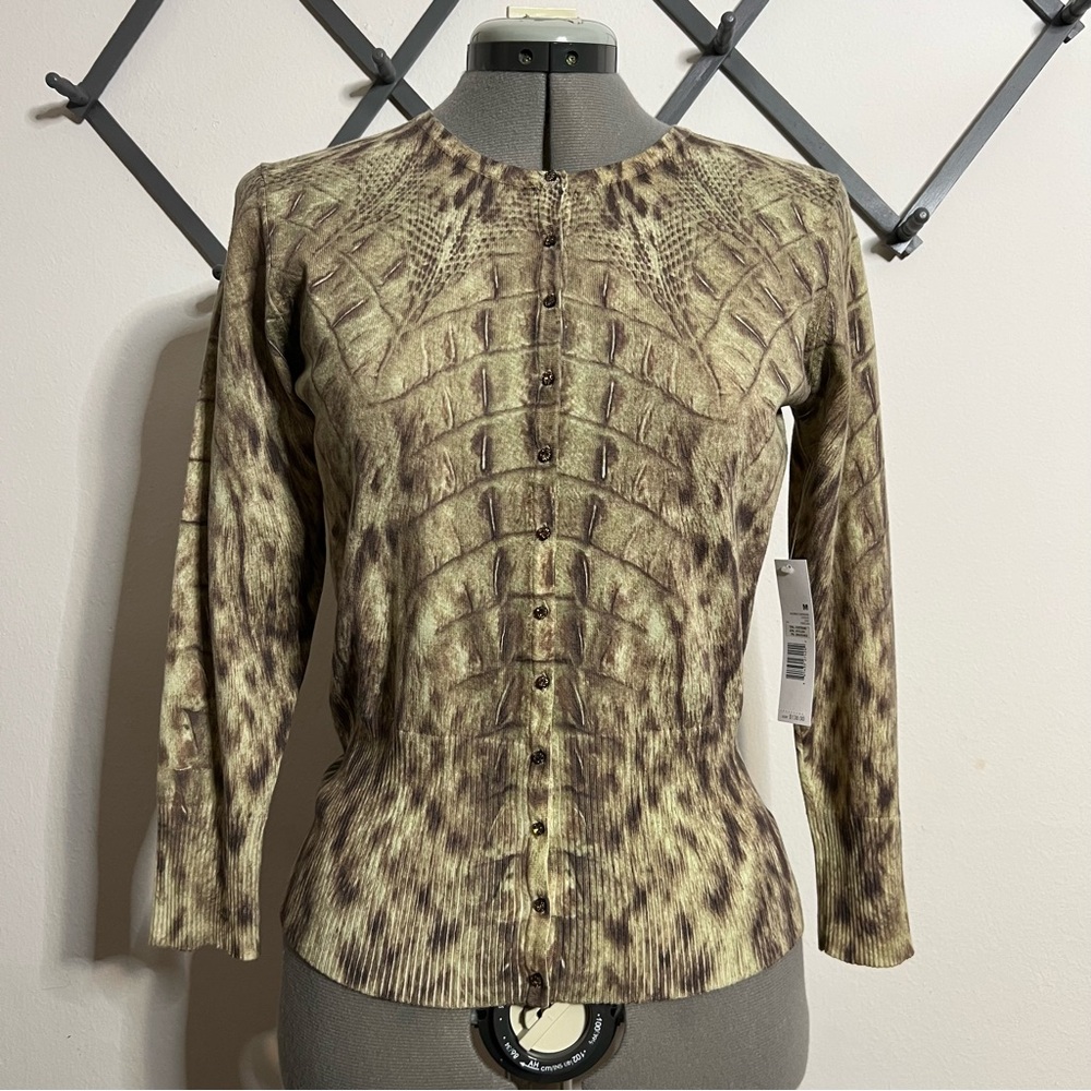 Gianni Bini Alligator Print cotton sweater Cardigan Amber Buttons Medium